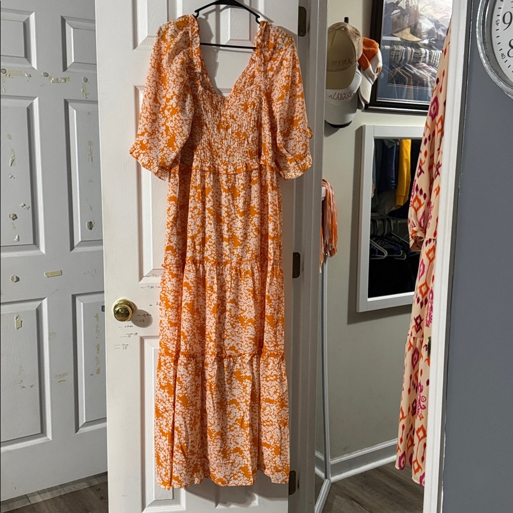 Elegant Orange Floral Long Sleeve Dress